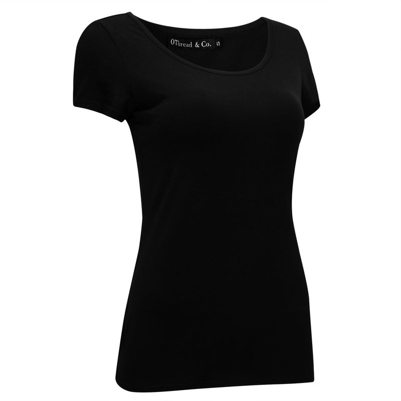 OThread & Co. Women's Short Sleeve T-Shirt Scoop Neck Basic Layer Stretchy Shirts (Medium, Black) - Image 3